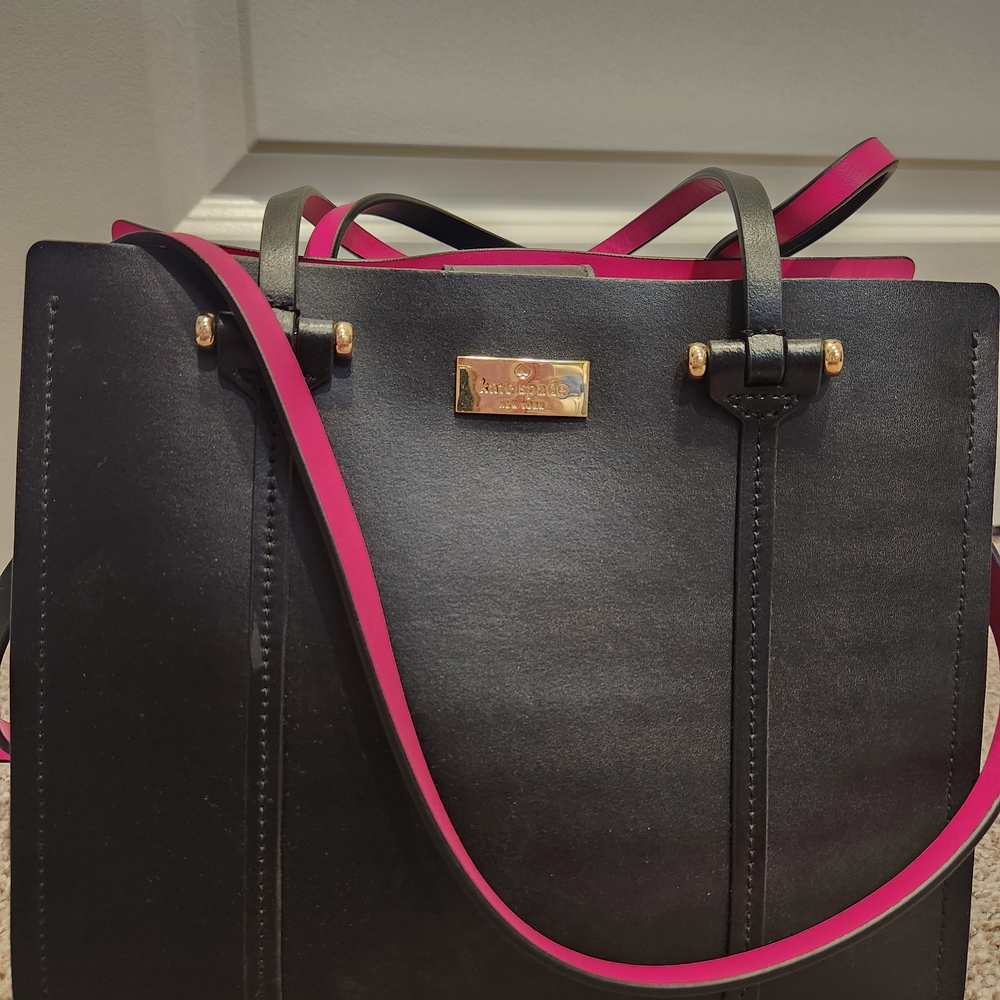 Kate Spade Black Leather Tote with Pink Trim